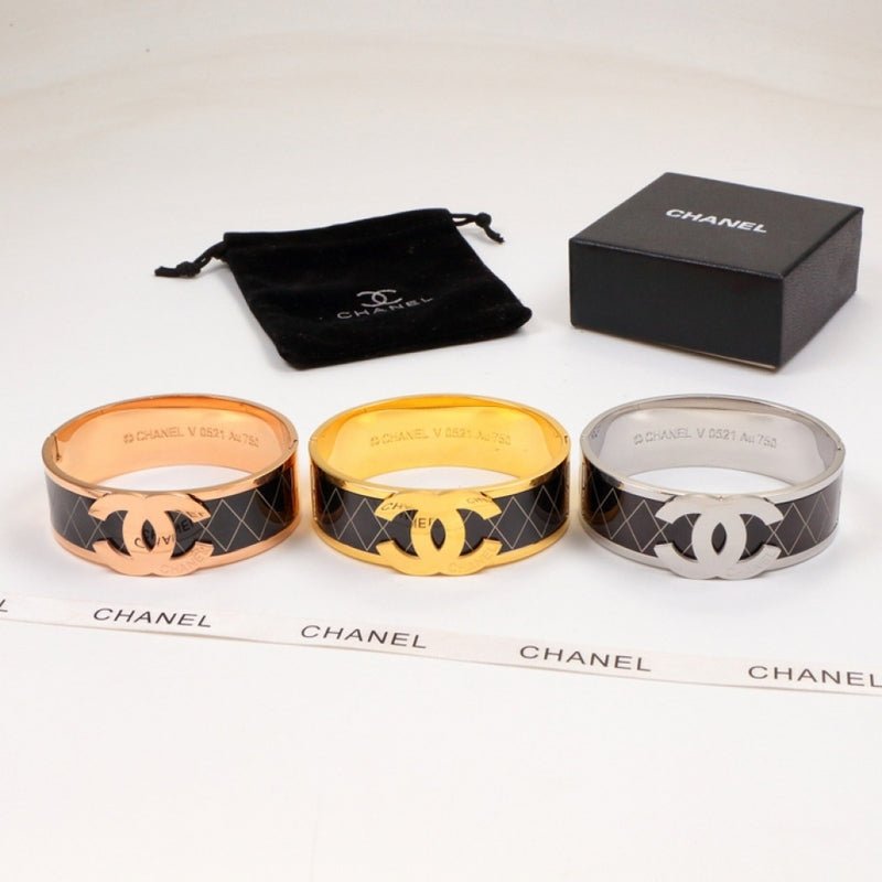 CHANEL Quilted Enamel Multi-Tone CC Wide Bangle Set
