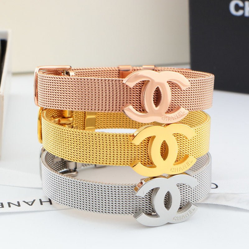 CHANEL Mesh Metal Multi-Tone CC Strap Bracelet Set