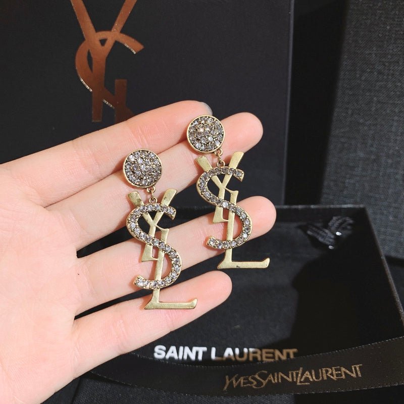 YSL Crystal Logo Drop Earrings - Image 5
