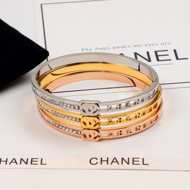 Chanel Side Rhinestone Double C Thin Bangle Set