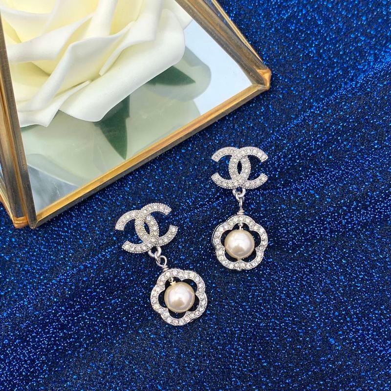 Chanel Silver Crystal Pearl Flower Earrings