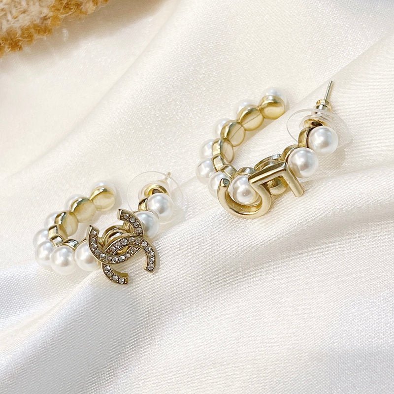 CHANEL Pearl Rhinestone Hoop CC Earrings