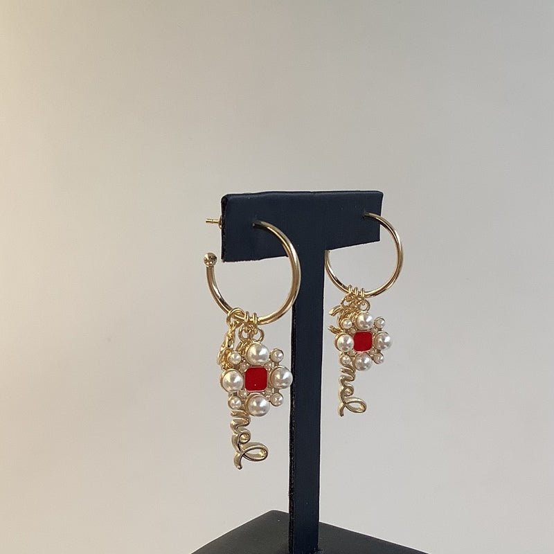 CHANEL Gold Floral Red Stone Pearl Hoop Earrings - Image 5