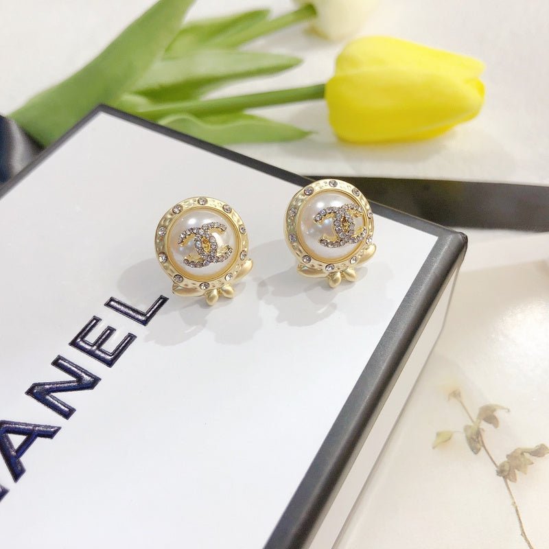 Chanel Gold Crystal Pearl Stud Earrings