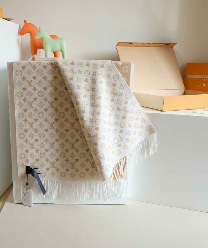 LV Beige White Heart Monogram Fringed Shawl - Image 13