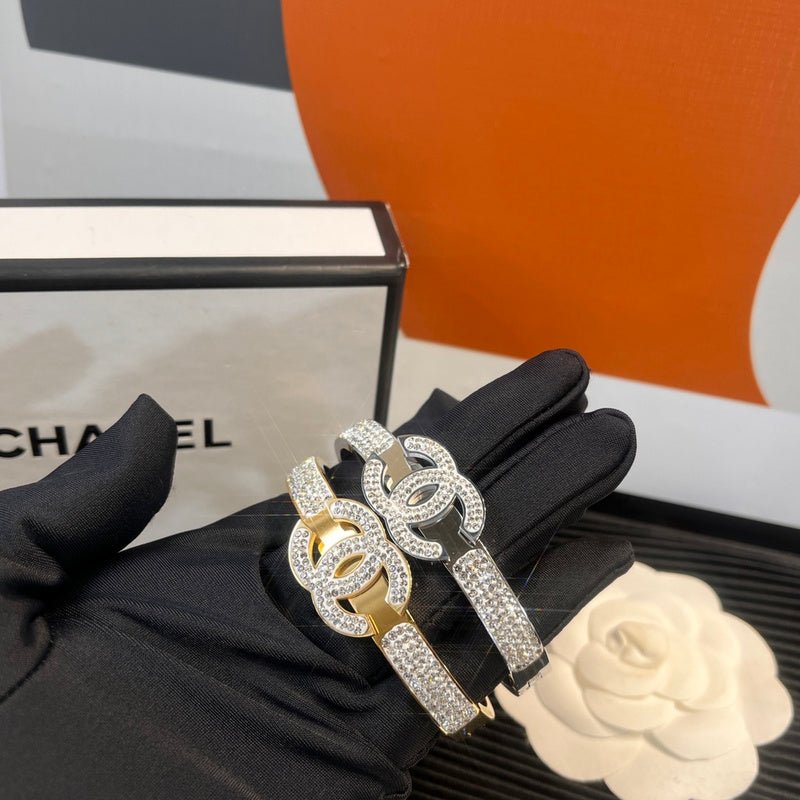CHANEL Two-Tone Full Crystal CC Bangle Pair