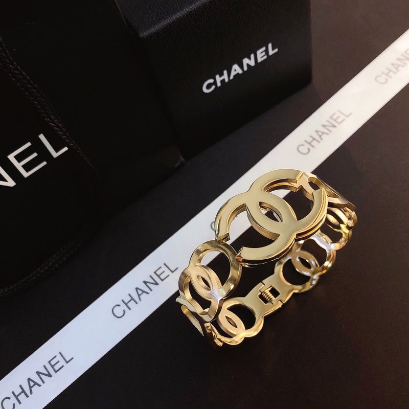 CHANEL Large Hollow Double CC Gold Cuff Bracelet - Image 5