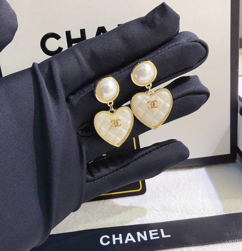 Chanel Pearl Quilted Heart Drop Earrings