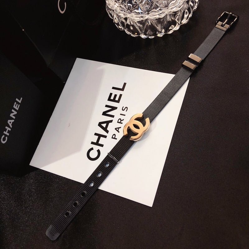 CHANEL Leather Strap Gold Double C Bracelet - Image 5