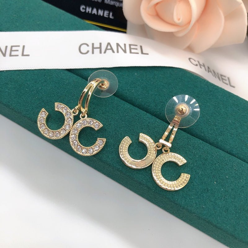 Chanel Hollow Rhinestone CC Hoop Drop Earrings
