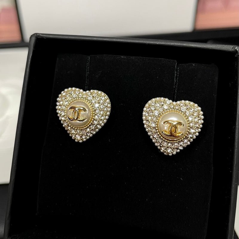 CHANEL Heart Pearl Rhinestone CC Stud Earrings