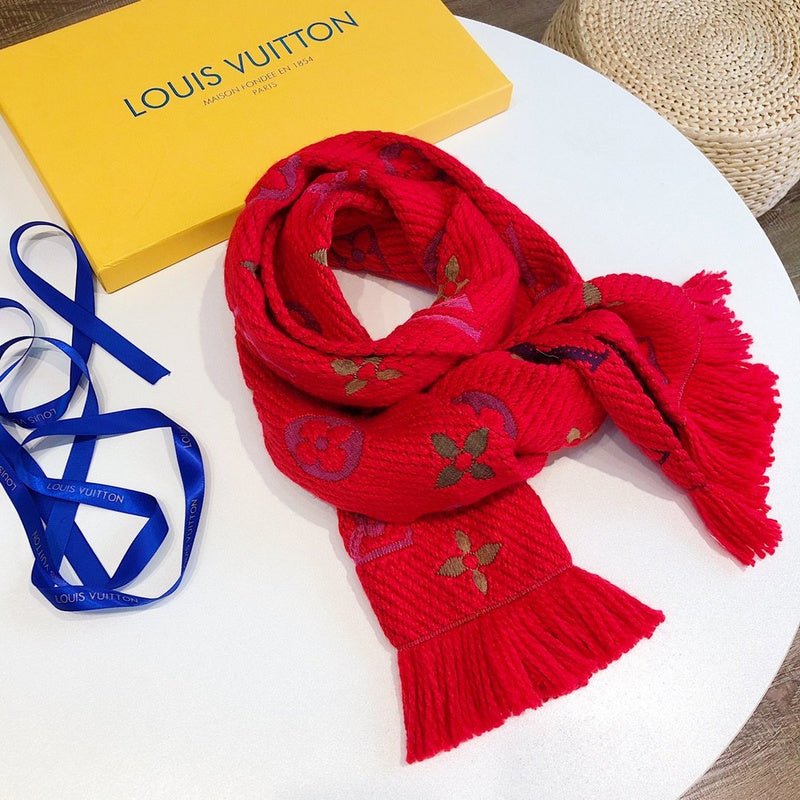 LV Four-Color Textured Knit Monogram Fringed Scarf - Image 23