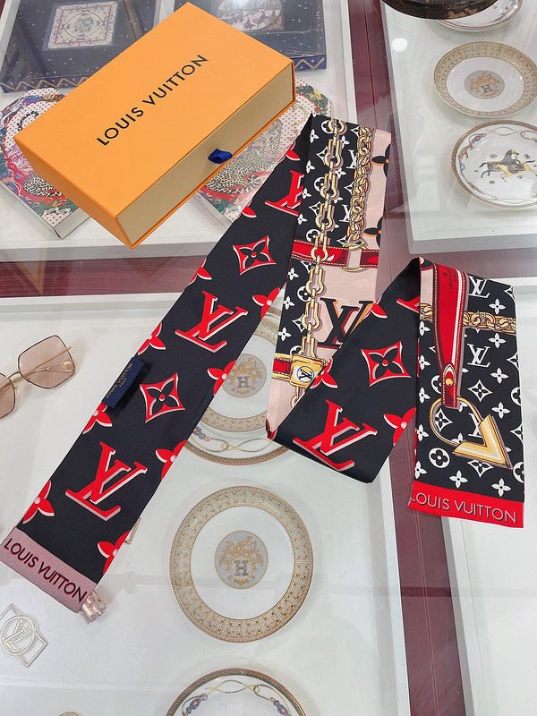 LV Red & Black Chain Monogram Twilly Scarf - Image 4