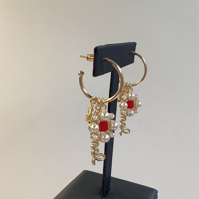 CHANEL Gold Floral Red Stone Pearl Hoop Earrings