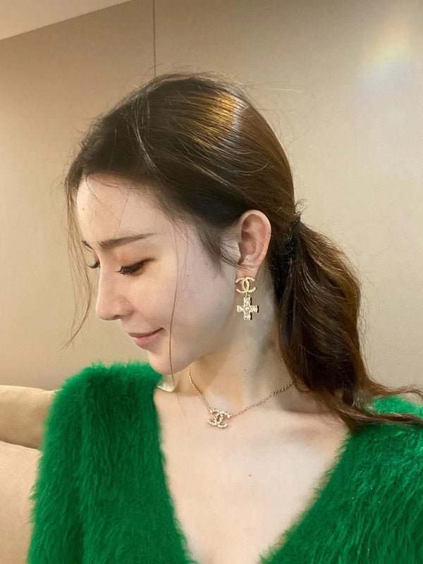 Chanel Crystal Cross Pearl Drop Earrings - Image 9