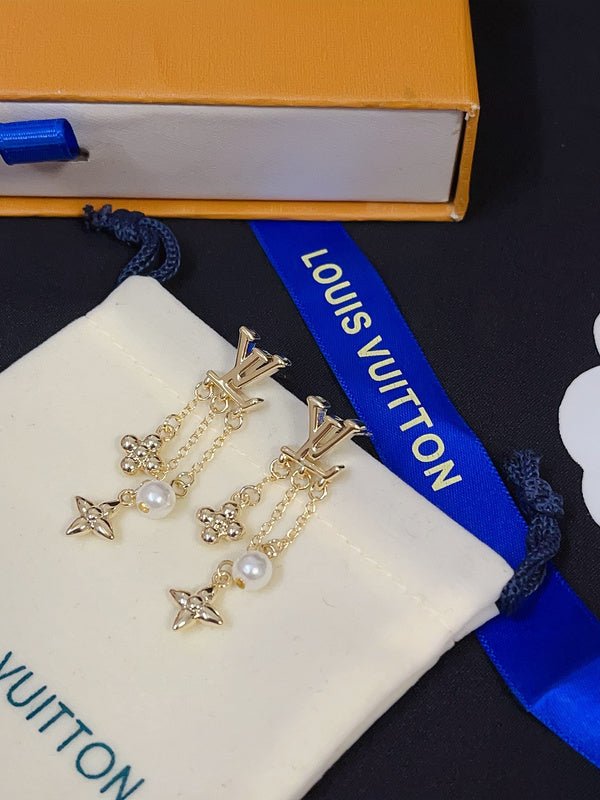 LV Logo & Pearl Tassel Earrings - Image 4