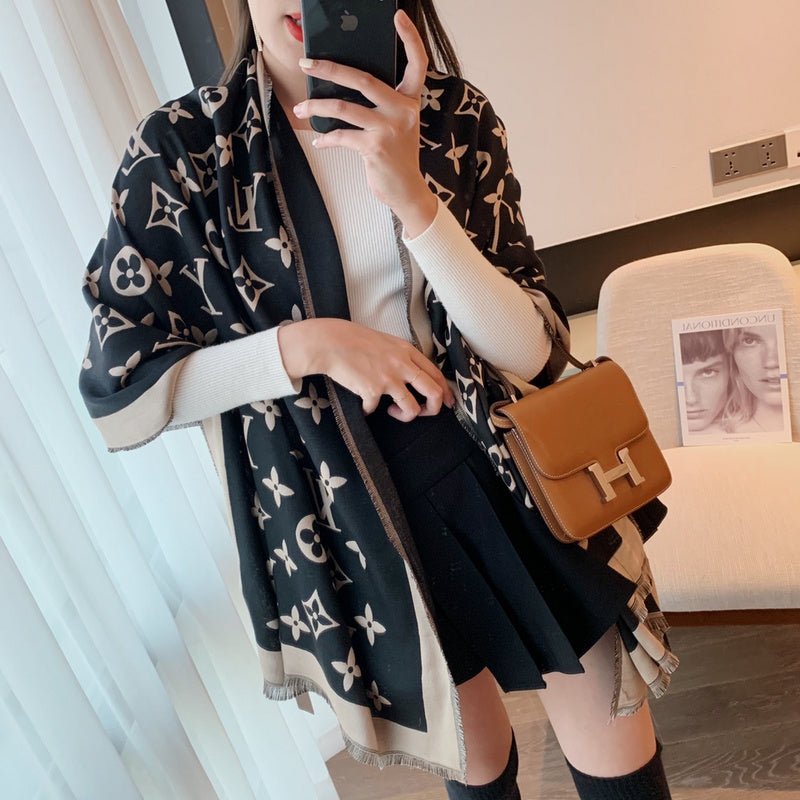 LV Beige Black Classic Monogram Fringed Shawl