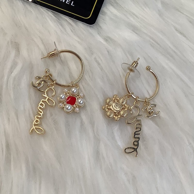 CHANEL Gold Floral Red Stone Pearl Hoop Earrings - Image 3