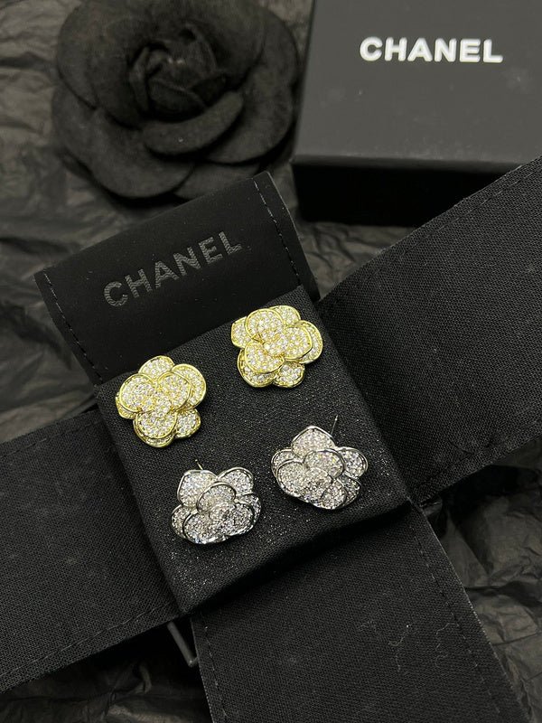 Alternative view of CHANEL Full Rhinestone Camellia Flower Stud Earrings