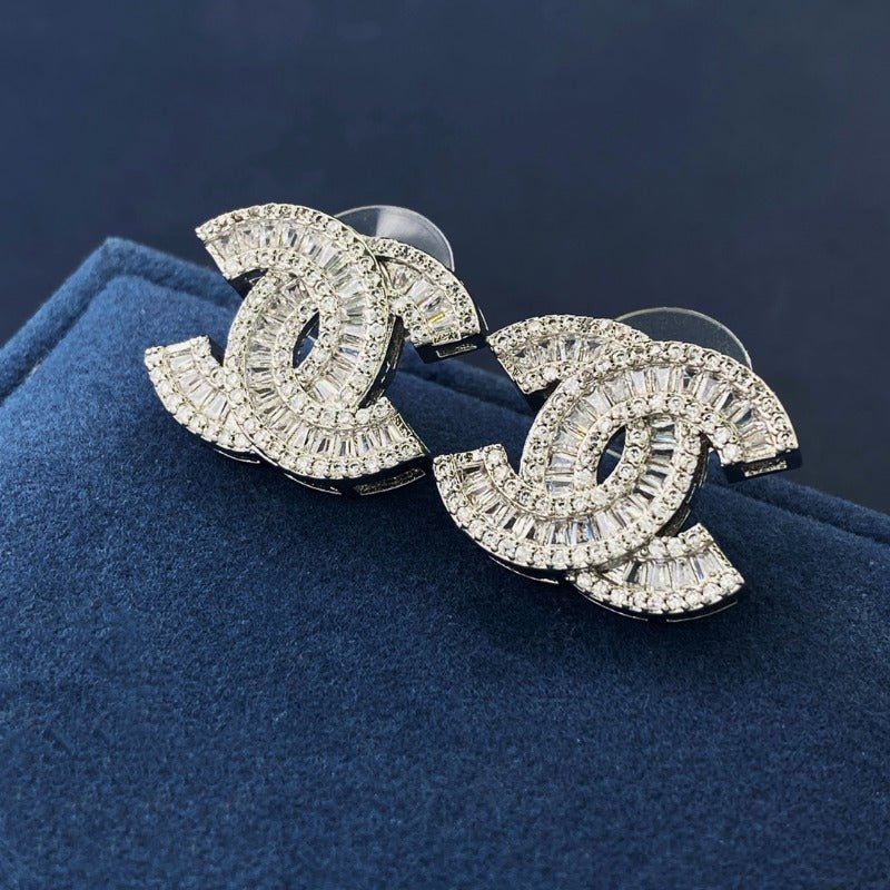CHANEL Baguette Crystal Full Paved CC Stud Earrings
