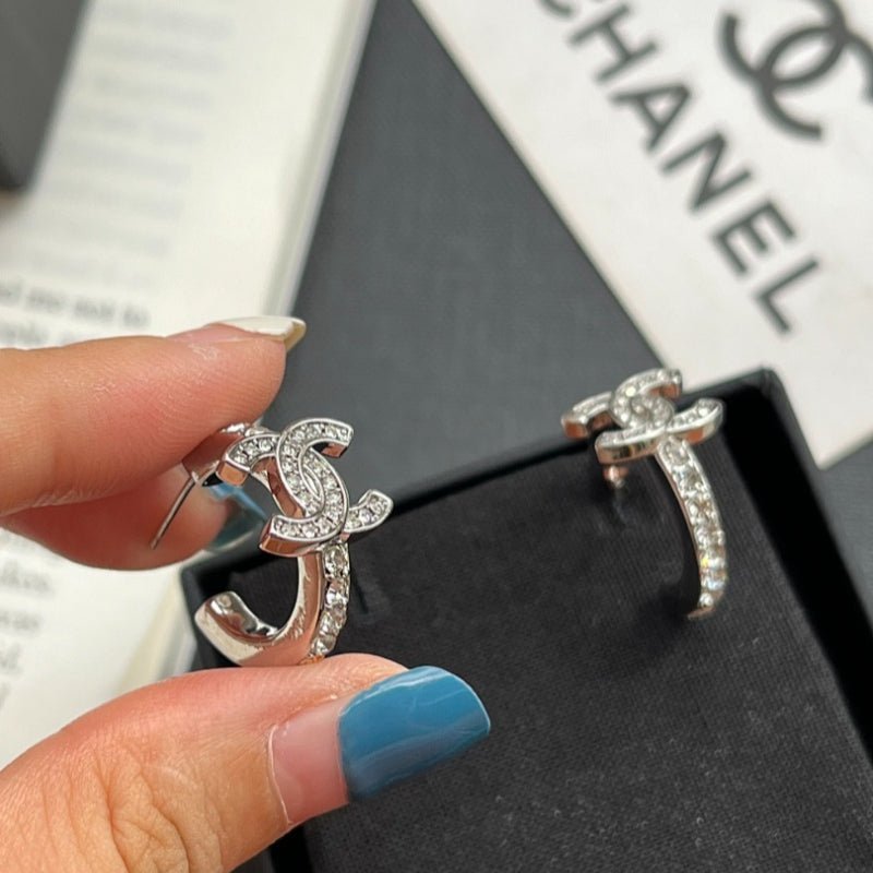 Chanel Silver Rhinestone Double C Small Hoop Earrings