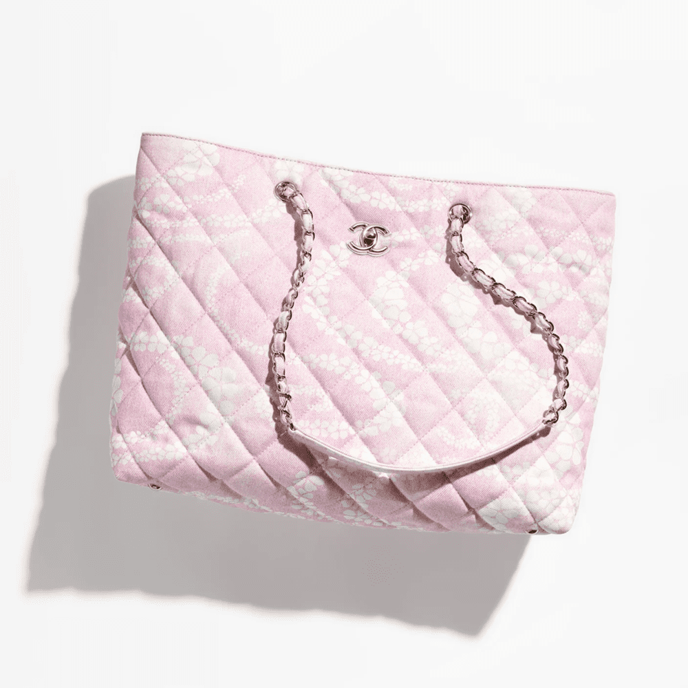 Chanel Shopping Printed Denim Tote Bag (Pink White)