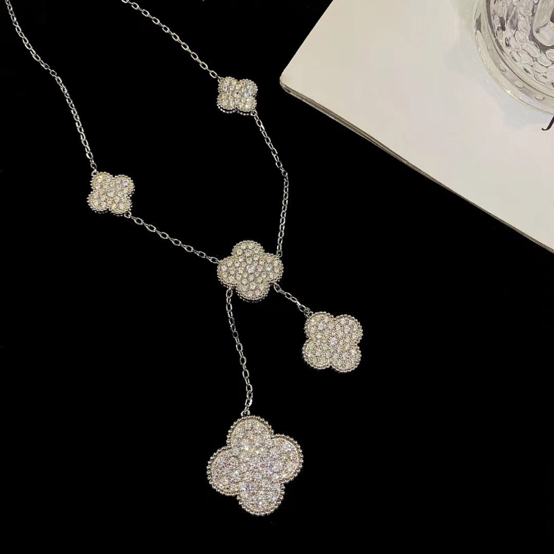 VCA 6 Motifs Full Diamond Clover Silver Necklace - Image 4
