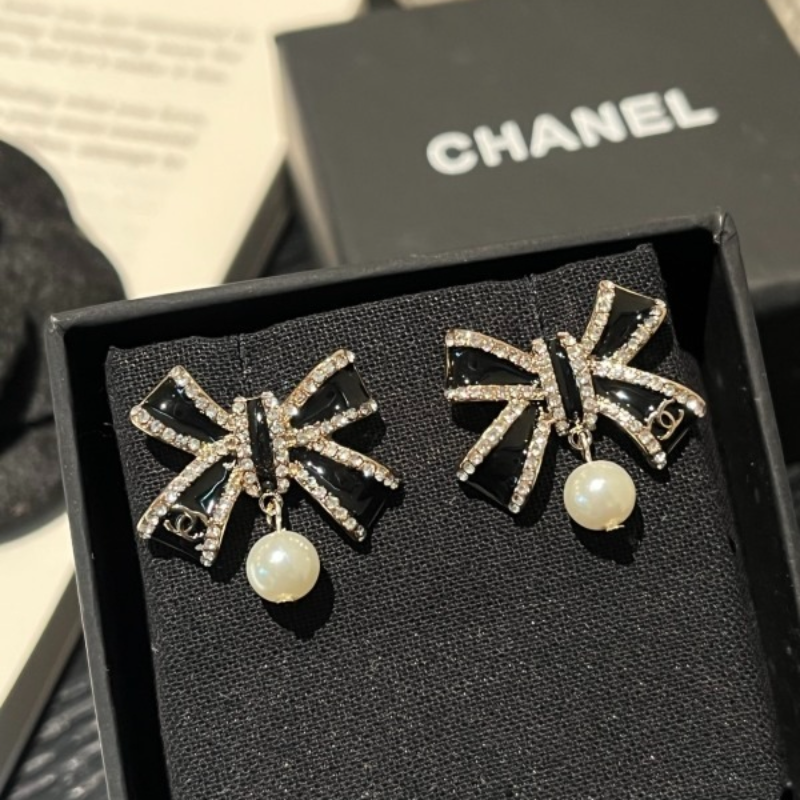 Chanel Black Enamel Bow Pearl Drop Earrings