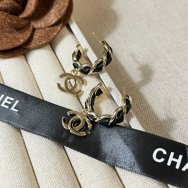 Chanel Leather Braided Hoop Double C Drop Earrings