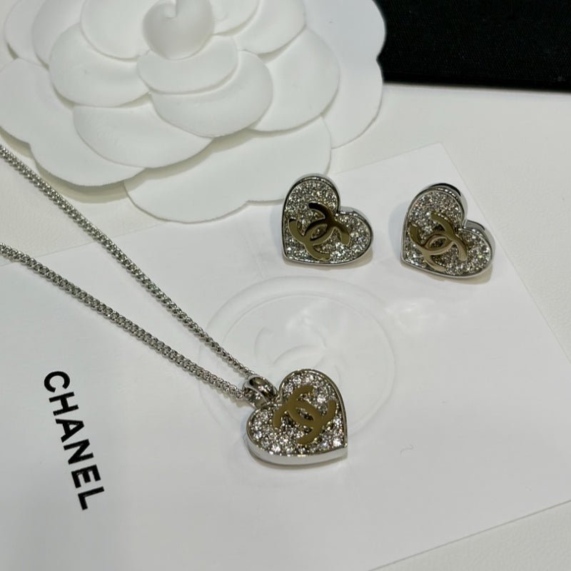 Chanel Silver Crystal Heart CC Jewelry Set