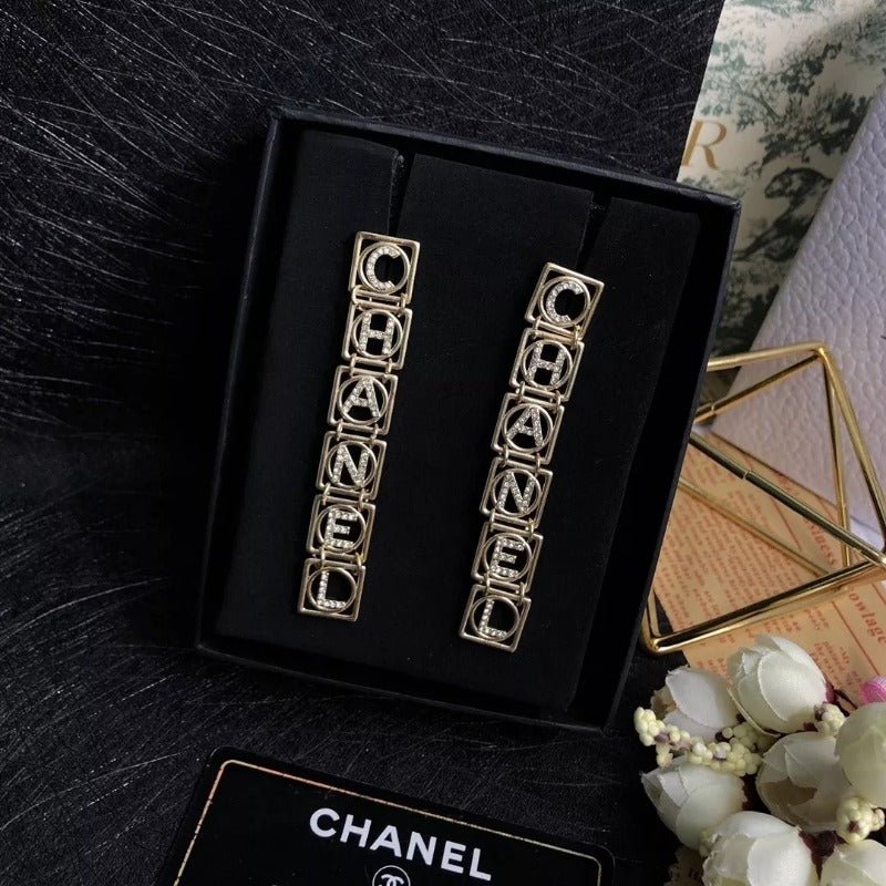 CHANEL Hollow Rectangle Rhinestone Drop Earrings - Image 3
