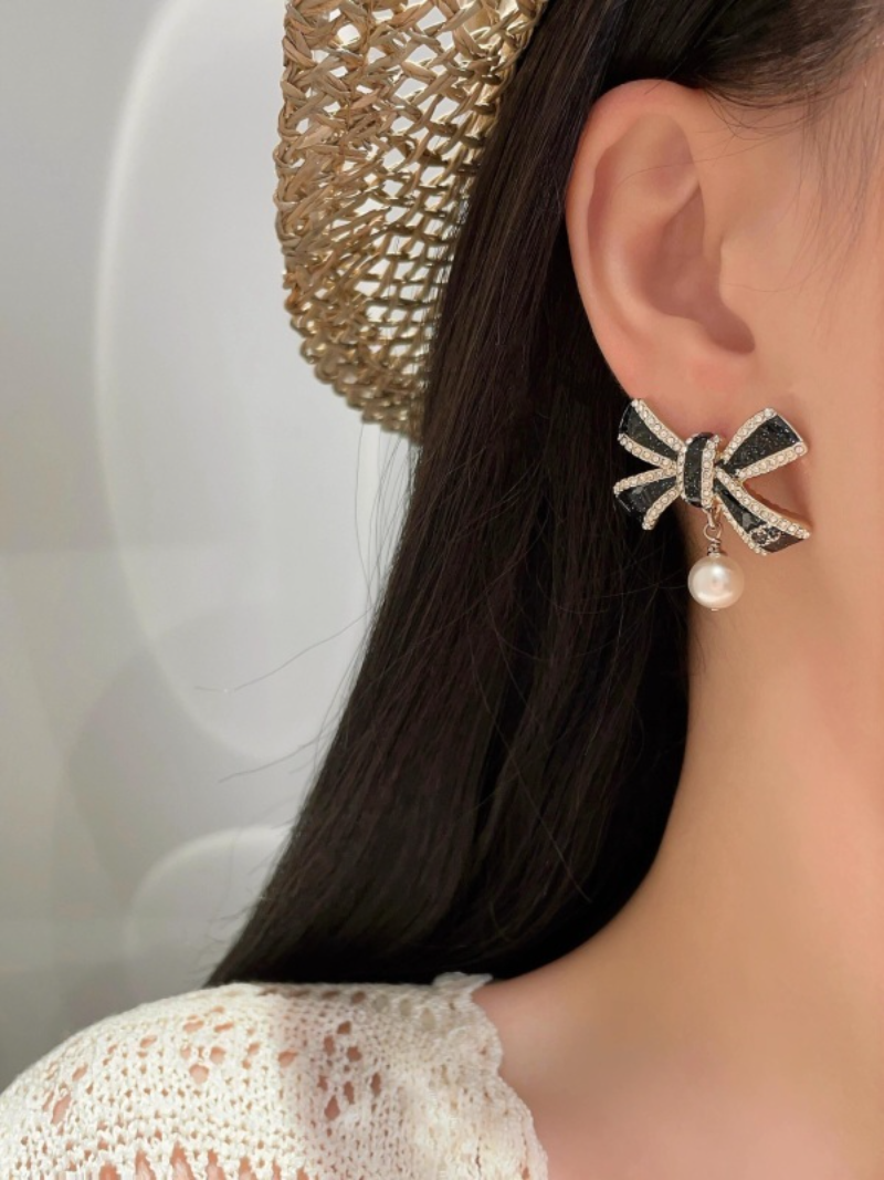 Chanel Black Enamel Bow Pearl Drop - Image 4