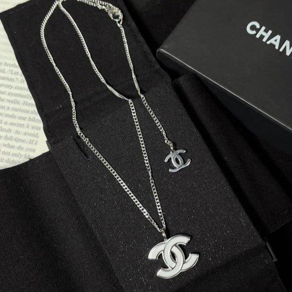 Chanel Silver Dual CC Pendant Necklace