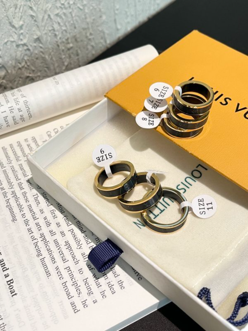 LV Gold Border Black Enamel Embossed LV Wide Ring - Image 3