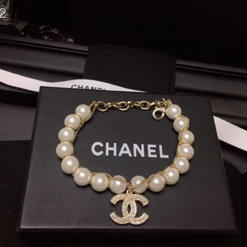 Chanel Pearl Rhinestone Double C Pendant Bracelet