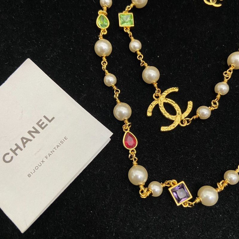 Chanel Gold Pearl Color Gem CC Dual Necklaces - Image 3