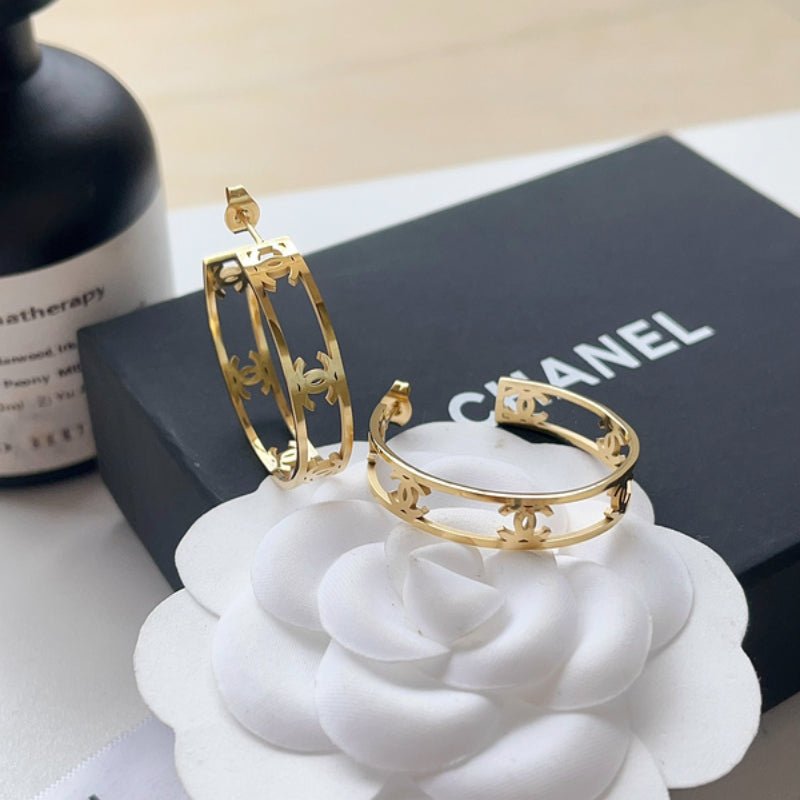 CHANEL Hollow Cutout CC Gold Hoop Earrings