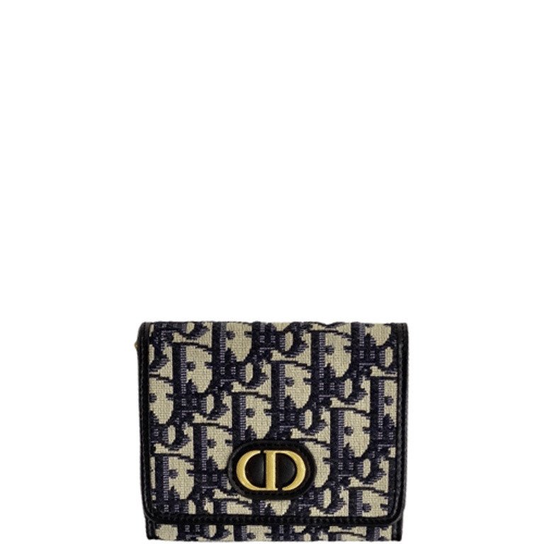 DIOR 30 MONTAIGNE LOTUS WALLET OBLIQUE CANVAS COMPACT BLACK AND BEIGE 11CM