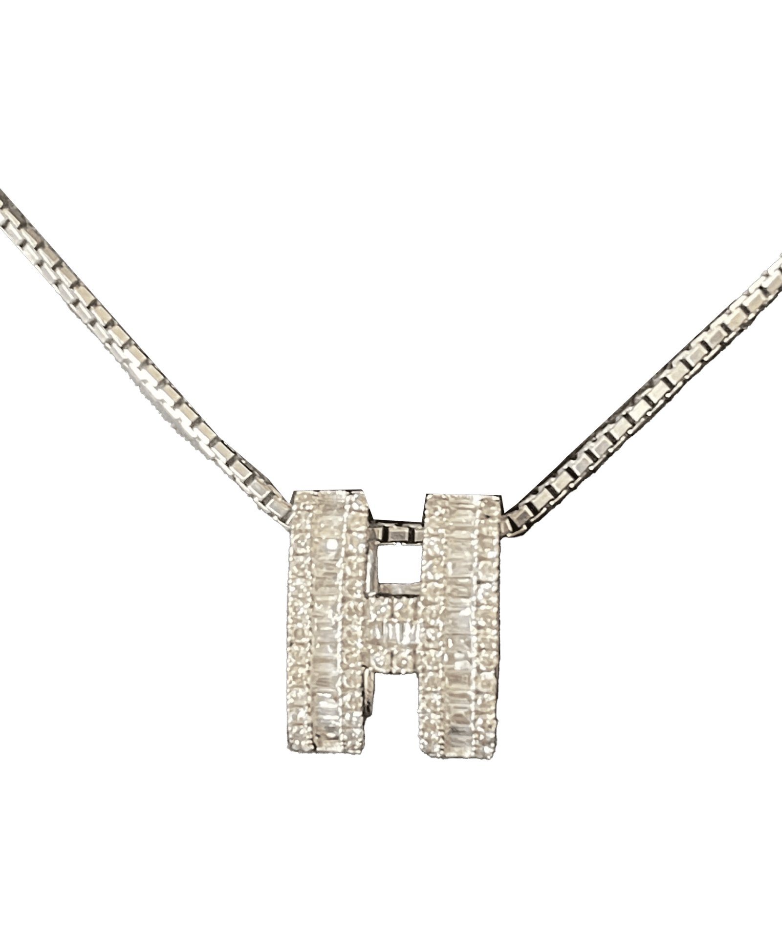 Hermès Full Baguette Diamond H Silver Necklace