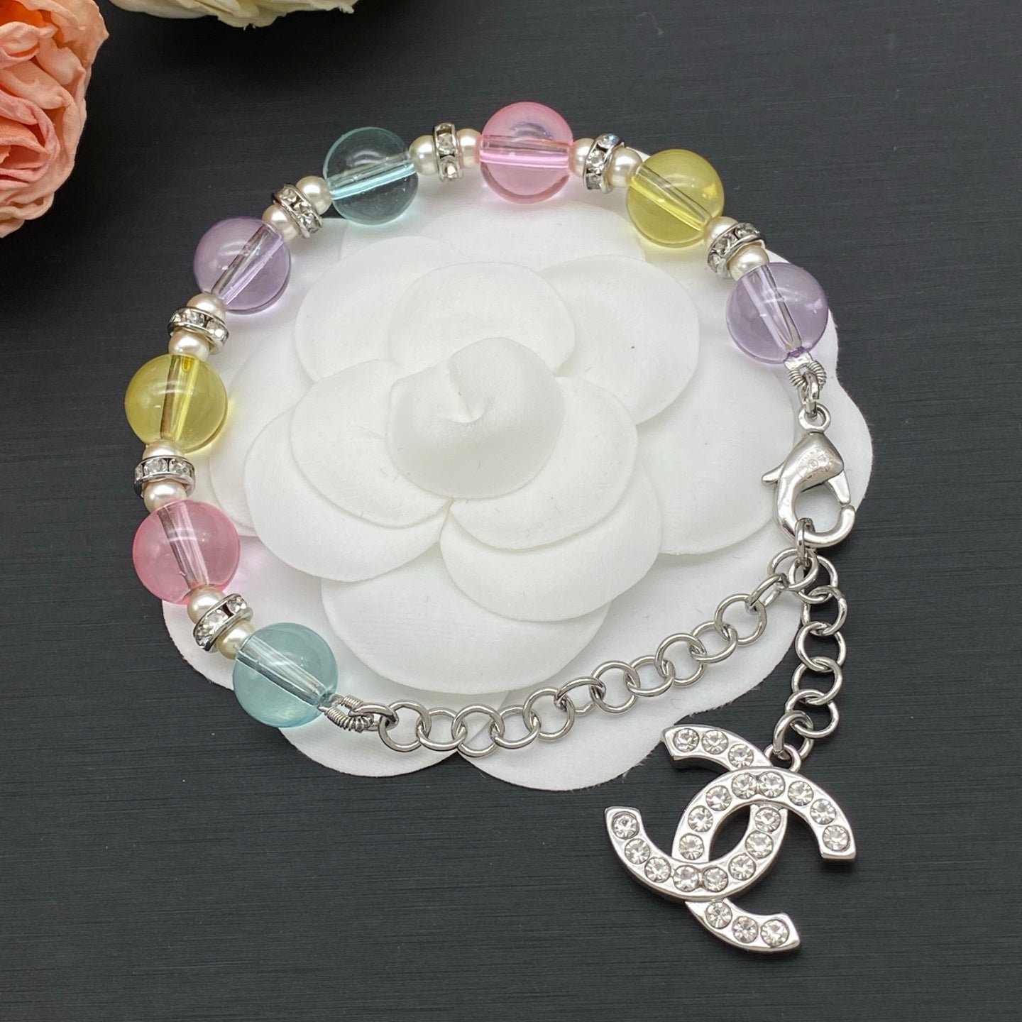 Chanel Silver Pastel Crystal Bead CC Bracelet
