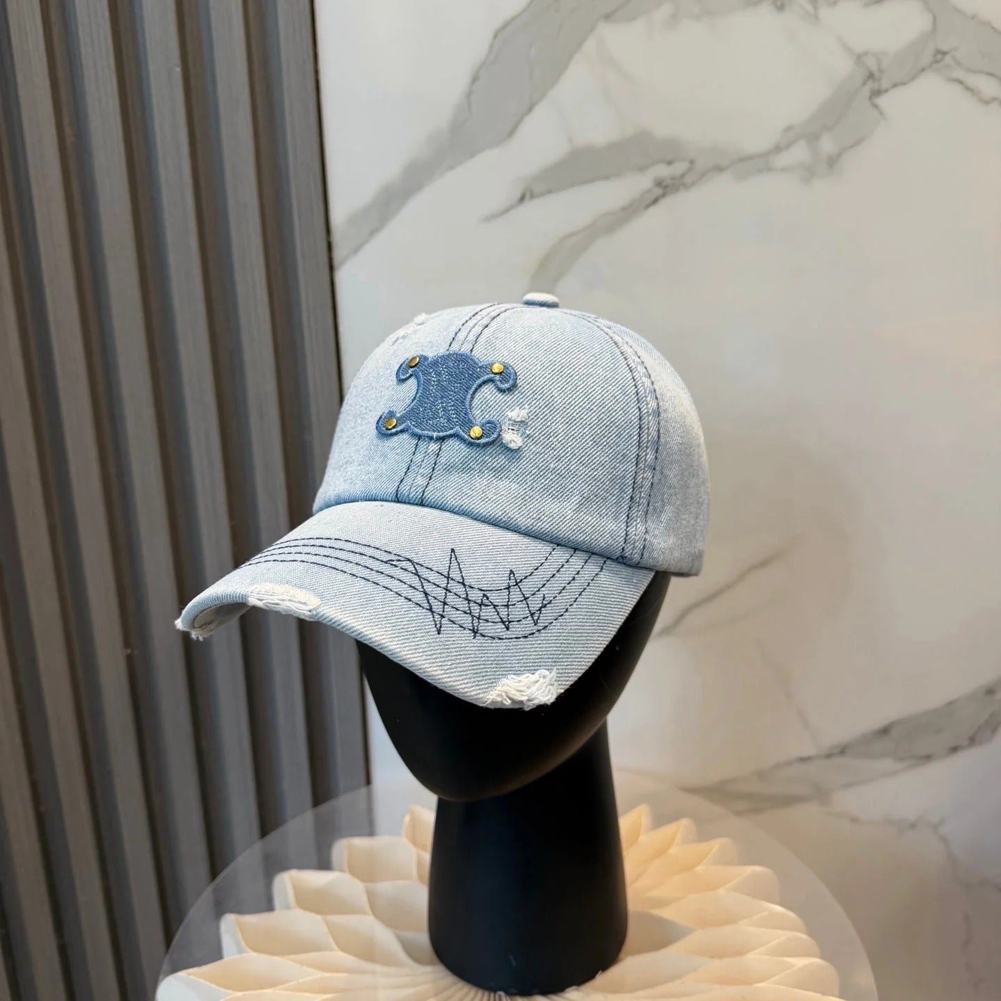 Celine Distressed Washed Denim Cap - Image 5