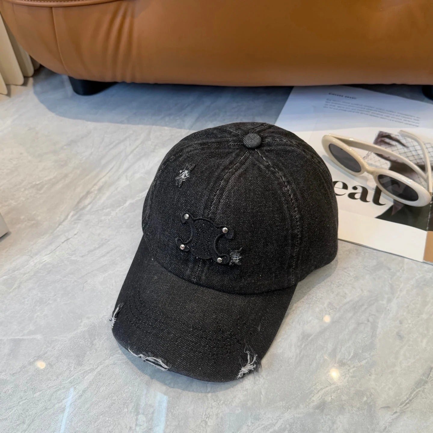 Celine Distressed Washed Denim Cap - Image 3