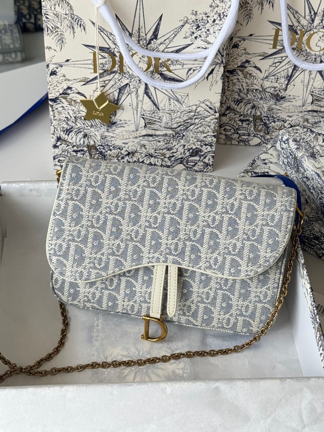 Dior Saddle Series White Grey Jacquard & Cowhide Bag - Image 4