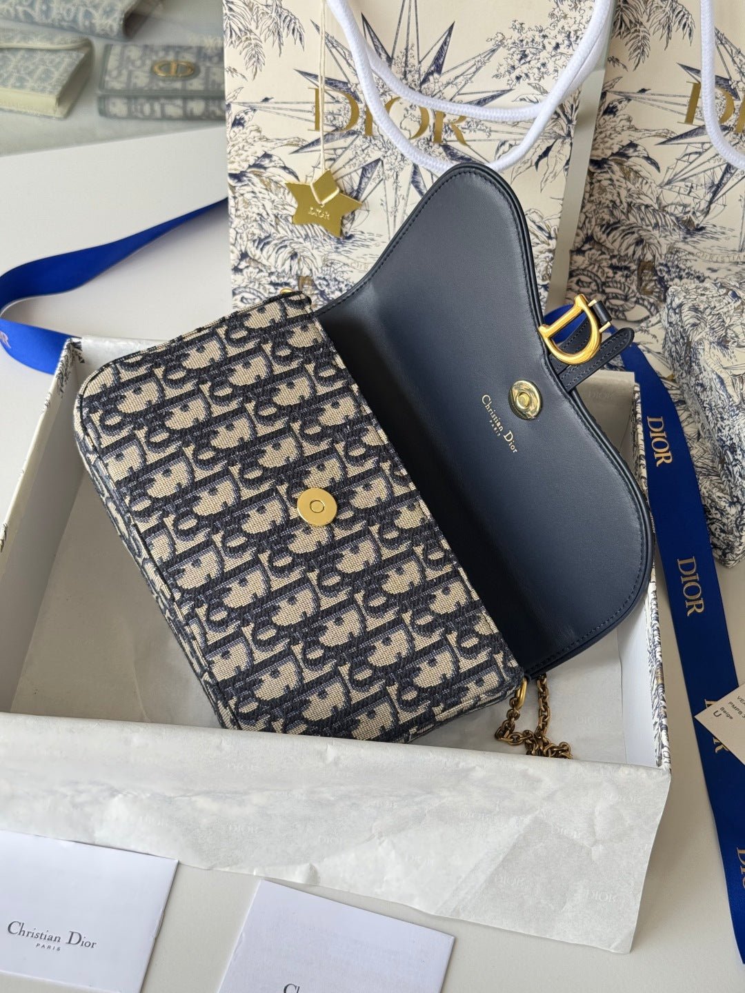 Dior Saddle Series Blue Jacquard Canvas Chain Pouch - Image 8