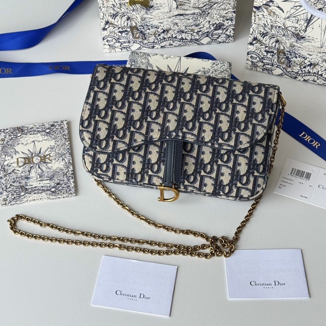 Dior Saddle Series Blue Jacquard Canvas Chain Pouch