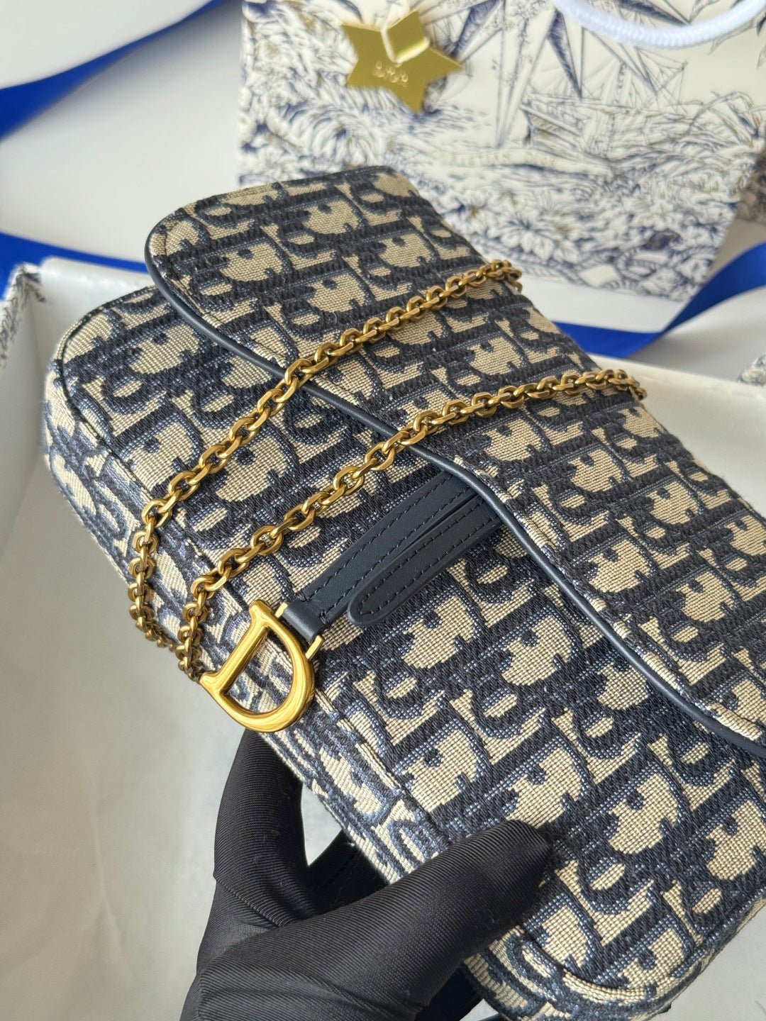 Dior Saddle Series Blue Jacquard Canvas Chain Pouch - Image 9