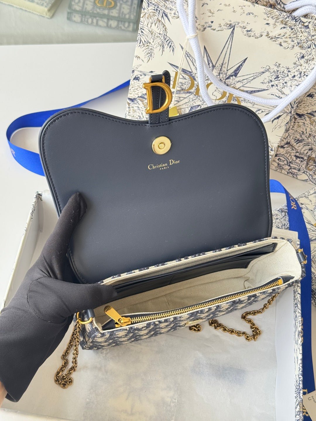 Dior Saddle Series Blue Jacquard Canvas Chain Pouch - Image 3