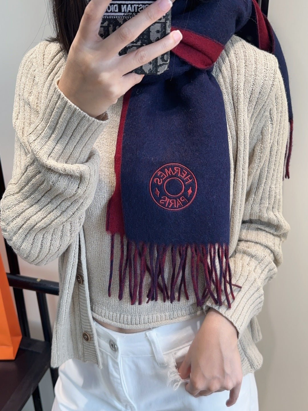 Hermès Logo Embroidery Cashmere Scarf - Image 5