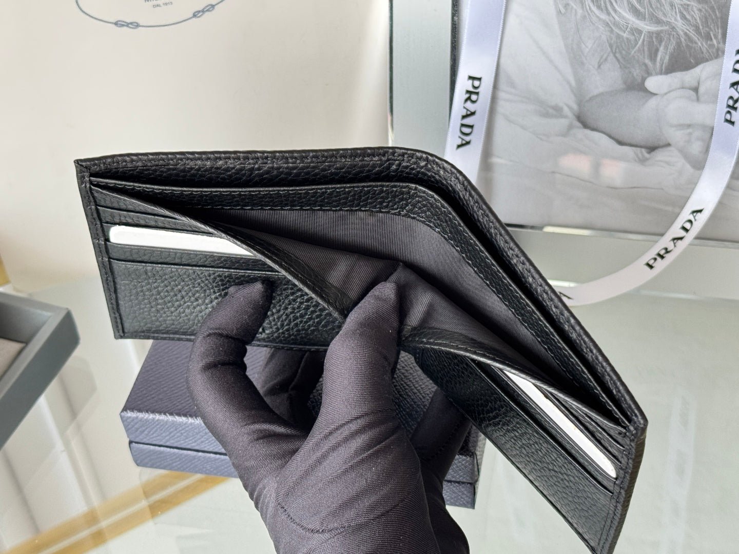 Prada Style Black Leather Bifold Wallet - Image 7