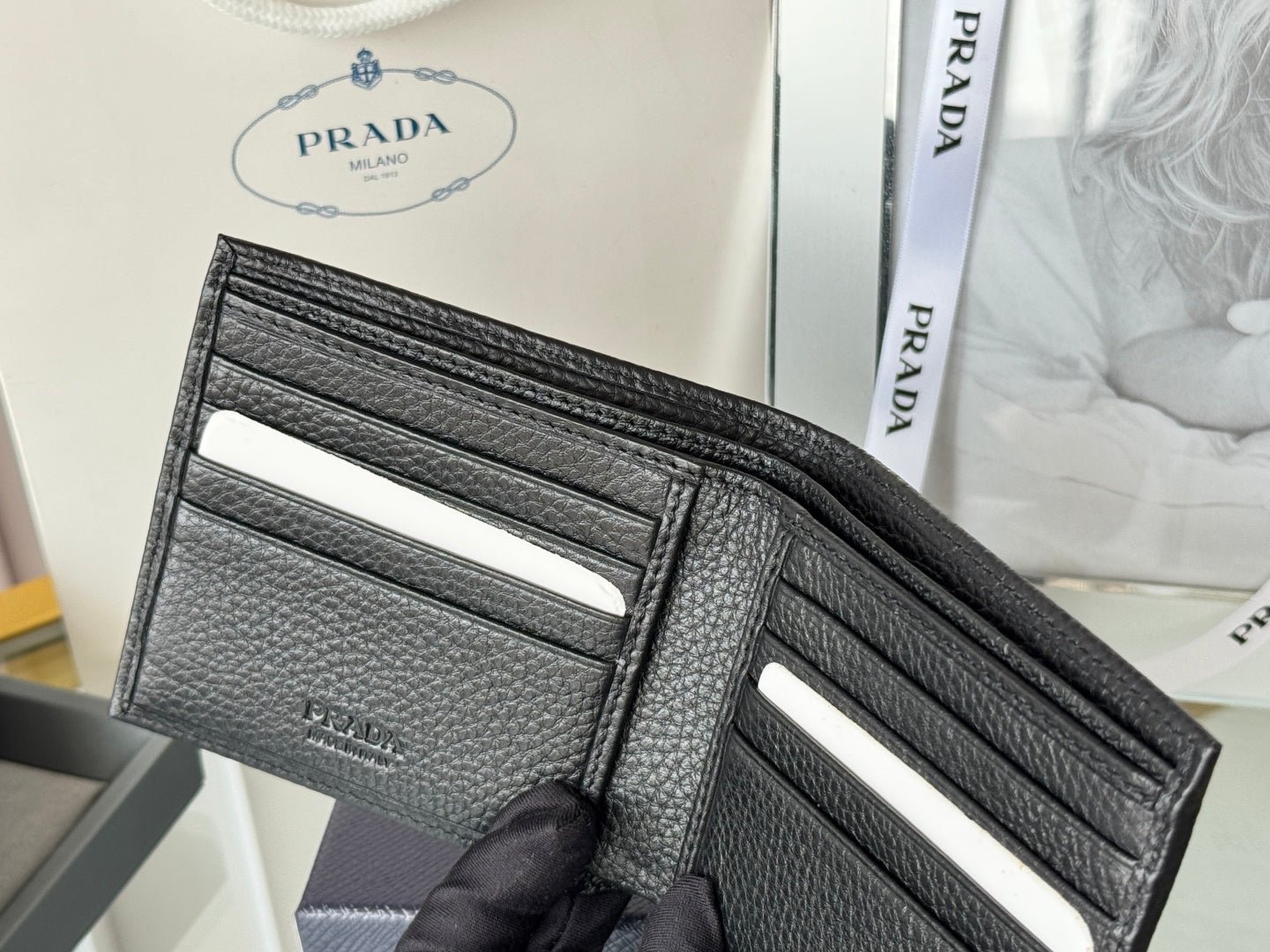 Prada Style Black Leather Bifold Wallet - Image 6